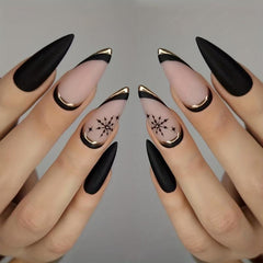 Snowflake Star Almond Shape Press On Nails Golden Line Matte Full Cover
