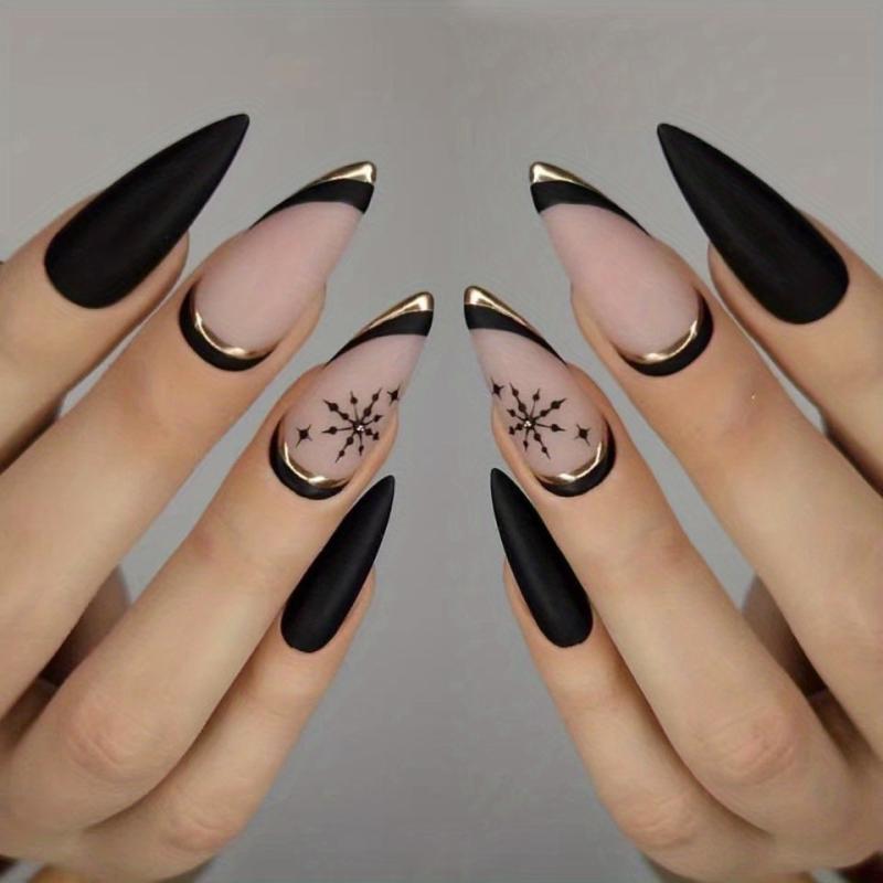 Snowflake Star Almond Shape Press On Nails Golden Line Matte Full Cover