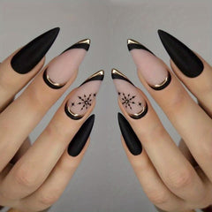 Snowflake Star Almond Shape Press On Nails Golden Line Matte Full Cover