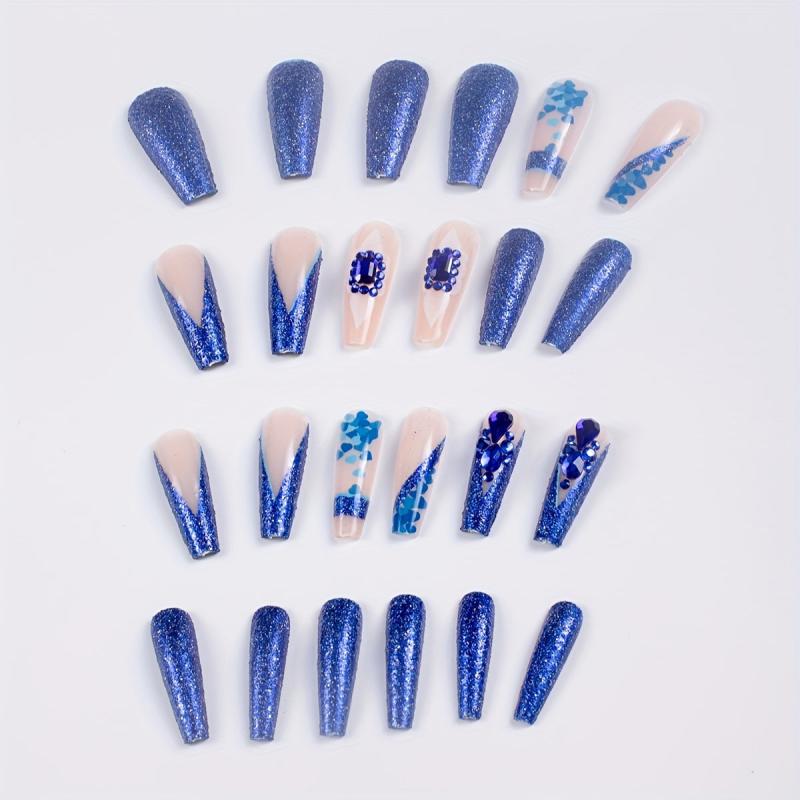 Glitter Press On Nails with 5D Embossed Flower and Rhinestone Gemstones
