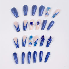 Glitter Press On Nails with 5D Embossed Flower and Rhinestone Gemstones