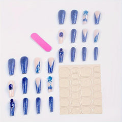 Glitter Press On Nails with 5D Embossed Flower and Rhinestone Gemstones