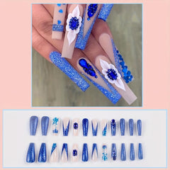 Glitter Press On Nails with 5D Embossed Flower and Rhinestone Gemstones