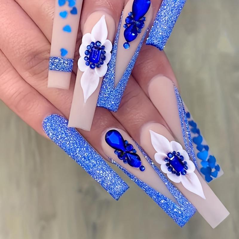 Glitter Press On Nails with 5D Embossed Flower and Rhinestone Gemstones