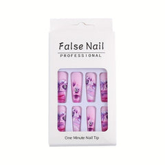 24 pcs Purple Coffin Press On Nails with Rose Design