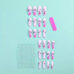 24 pcs Purple Coffin Press On Nails with Rose Design