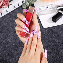 24 pcs Purple Coffin Press On Nails with Rose Design