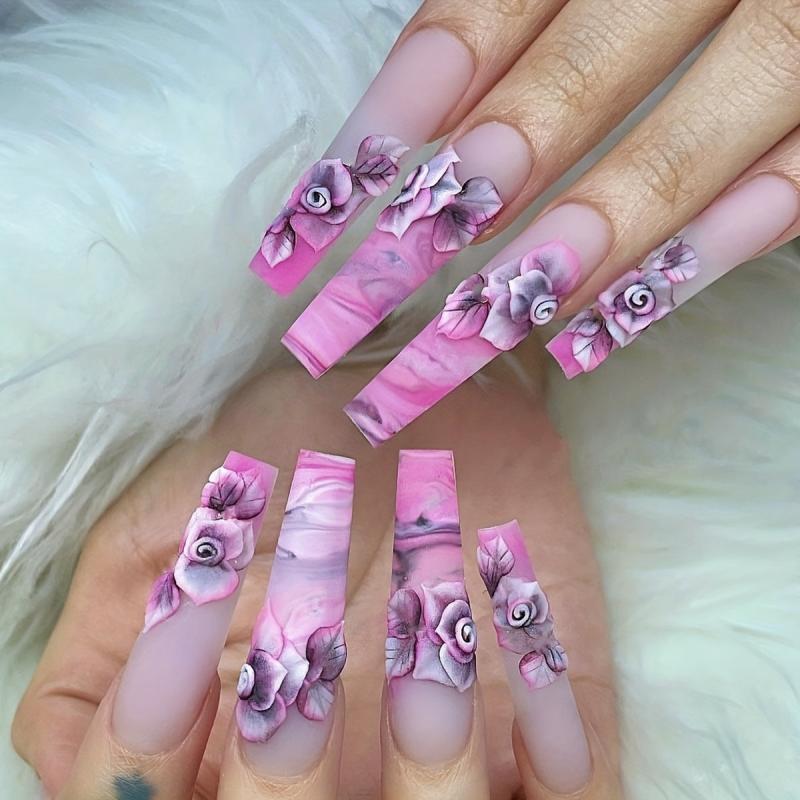 24 pcs Purple Coffin Press On Nails with Rose Design