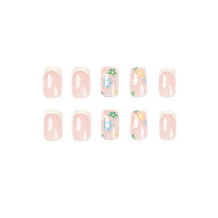 24pcs Floral French Tip Short Square Press On Nails Daily Wear False Nails