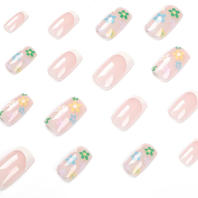 24pcs Floral French Tip Short Square Press On Nails Daily Wear False Nails