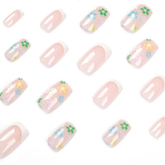 24pcs Floral French Tip Short Square Press On Nails Daily Wear False Nails