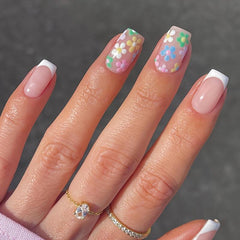 24pcs Floral French Tip Short Square Press On Nails Daily Wear False Nails