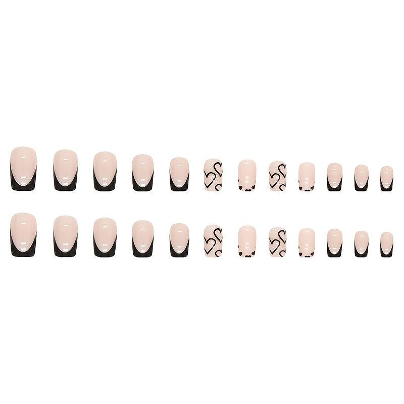 24pcs French Tip Press On Nails with Heart, Short Square False Nails