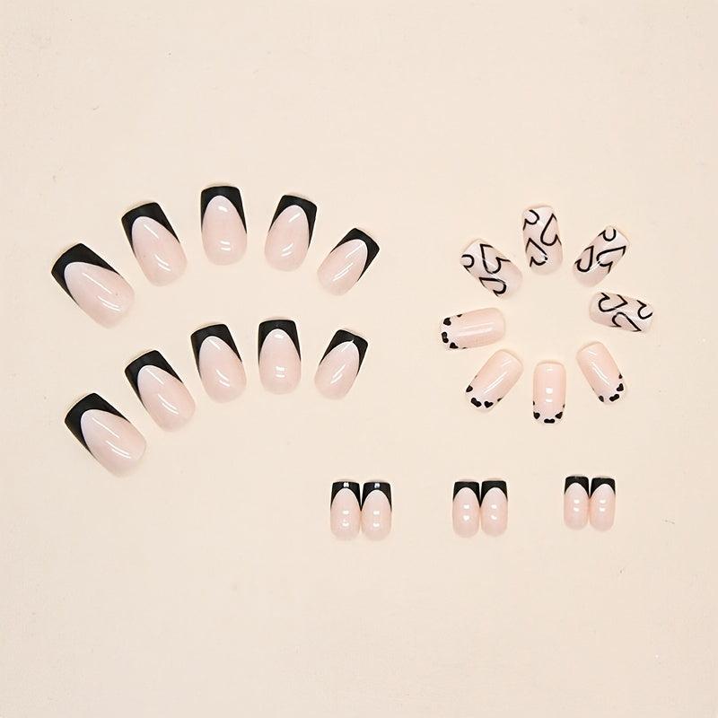 24pcs French Tip Press On Nails with Heart, Short Square False Nails