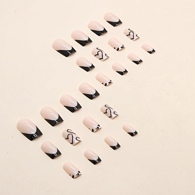 24pcs French Tip Press On Nails with Heart, Short Square False Nails