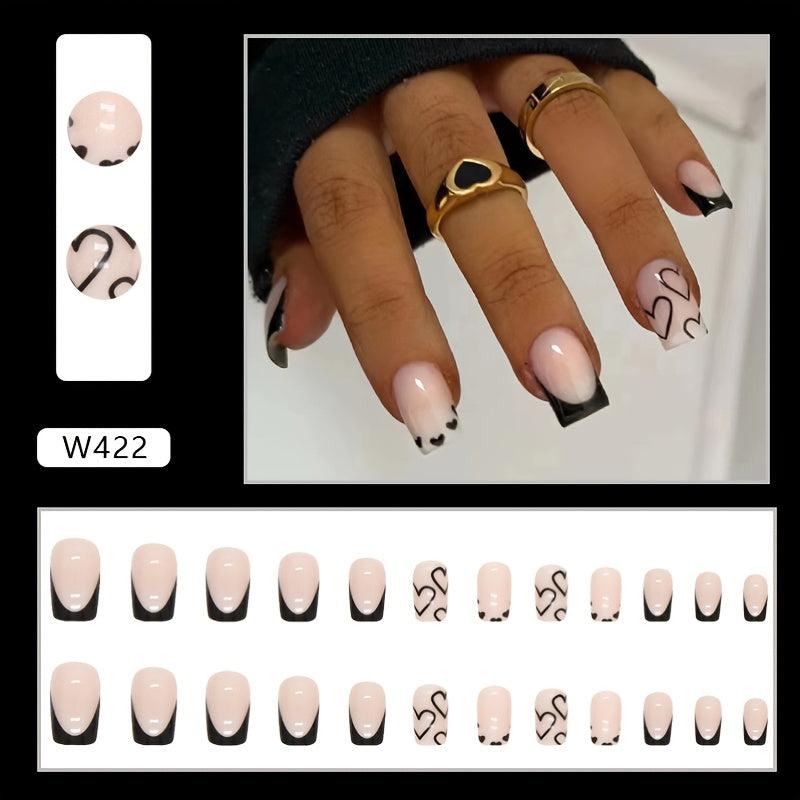 24pcs French Tip Press On Nails with Heart, Short Square False Nails