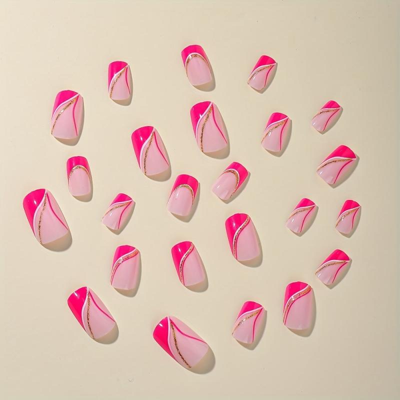 French Tip Press On Nails with Heart Leaves & Glitter Set