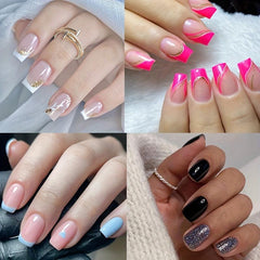 French Tip Press On Nails with Heart Leaves & Glitter Set