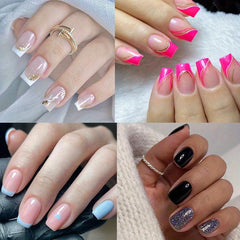 French Tip Press On Nails with Heart Leaves & Glitter Set