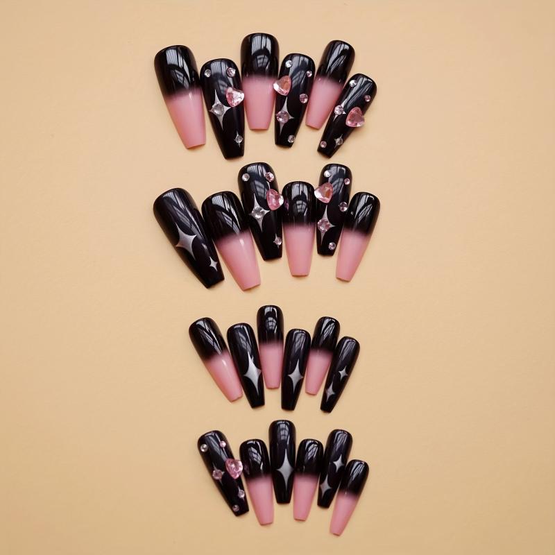 24pcs Gradient Coffin Press On Nails with Star Designs and Rhinestones