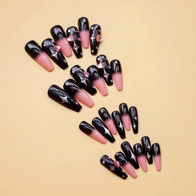 24pcs Gradient Coffin Press On Nails with Star Designs and Rhinestones
