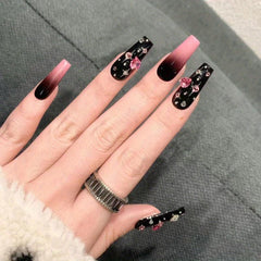 24pcs Gradient Coffin Press On Nails with Star Designs and Rhinestones