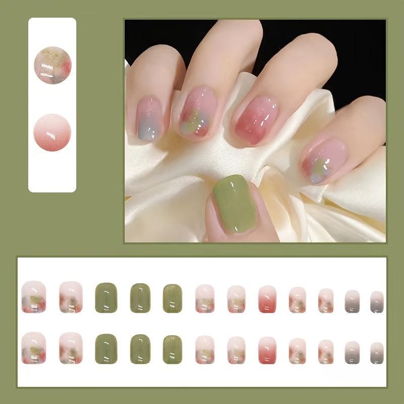 Ombre Green Square Press On Nails with Nail Glue
