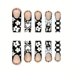 Square Press On Nails Checkerboard Daisy Flame Matte False Nails 24 Pcs