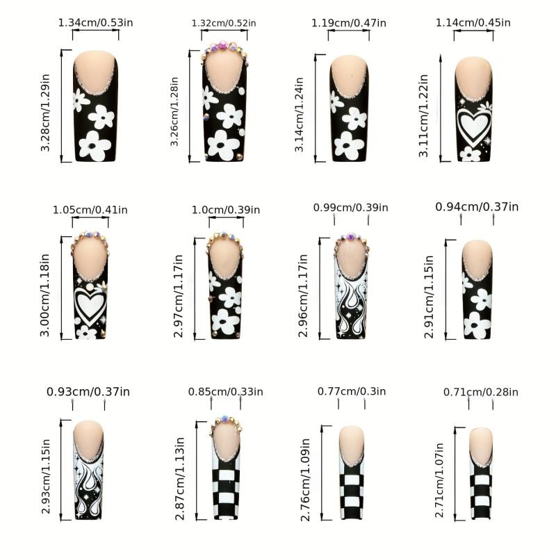 Square Press On Nails Checkerboard Daisy Flame Matte False Nails 24 Pcs