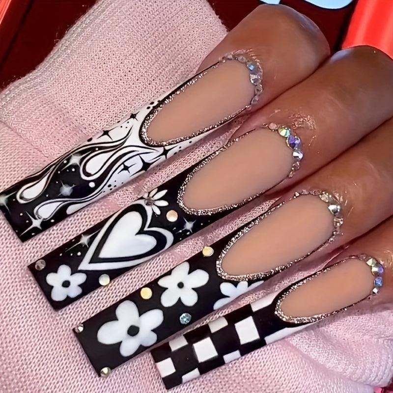 Square Press On Nails Checkerboard Daisy Flame Matte False Nails 24 Pcs