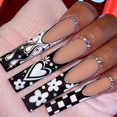 Square Press On Nails Checkerboard Daisy Flame Matte False Nails 24 Pcs