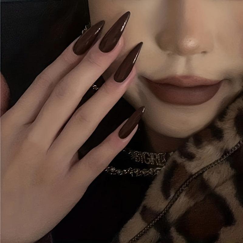 24pcs Glossy Coffee Stiletto Press On Nails Long Full Cover Almond False Nails