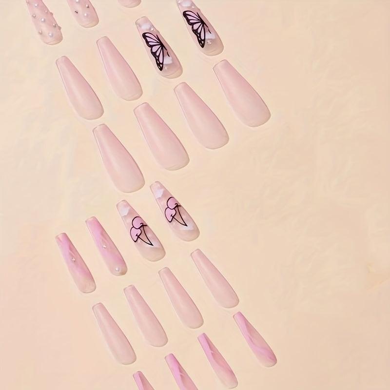 Pink Ballerina Coffin Press On Nails Cherry Butterfly Glitter Rhinestones