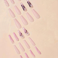 Pink Ballerina Coffin Press On Nails Cherry Butterfly Glitter Rhinestones