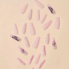 Pink Ballerina Coffin Press On Nails Cherry Butterfly Glitter Rhinestones