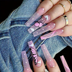 Pink Ballerina Coffin Press On Nails Cherry Butterfly Glitter Rhinestones