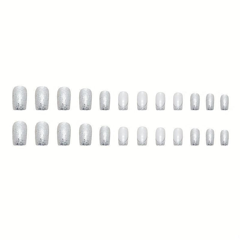 24pcs Silvery Sequin Press On Nails Full Cover Medium Square False Nails