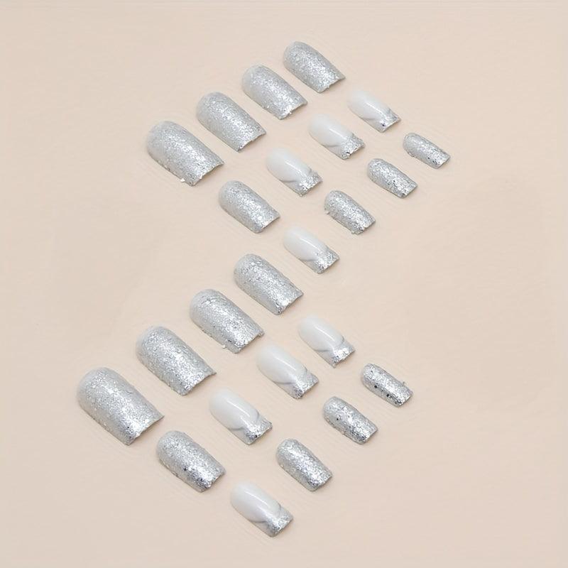 24pcs Silvery Sequin Press On Nails Full Cover Medium Square False Nails