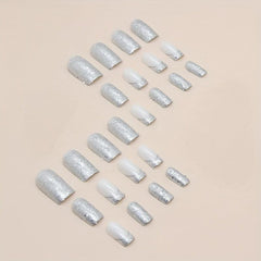 24pcs Silvery Sequin Press On Nails Full Cover Medium Square False Nails