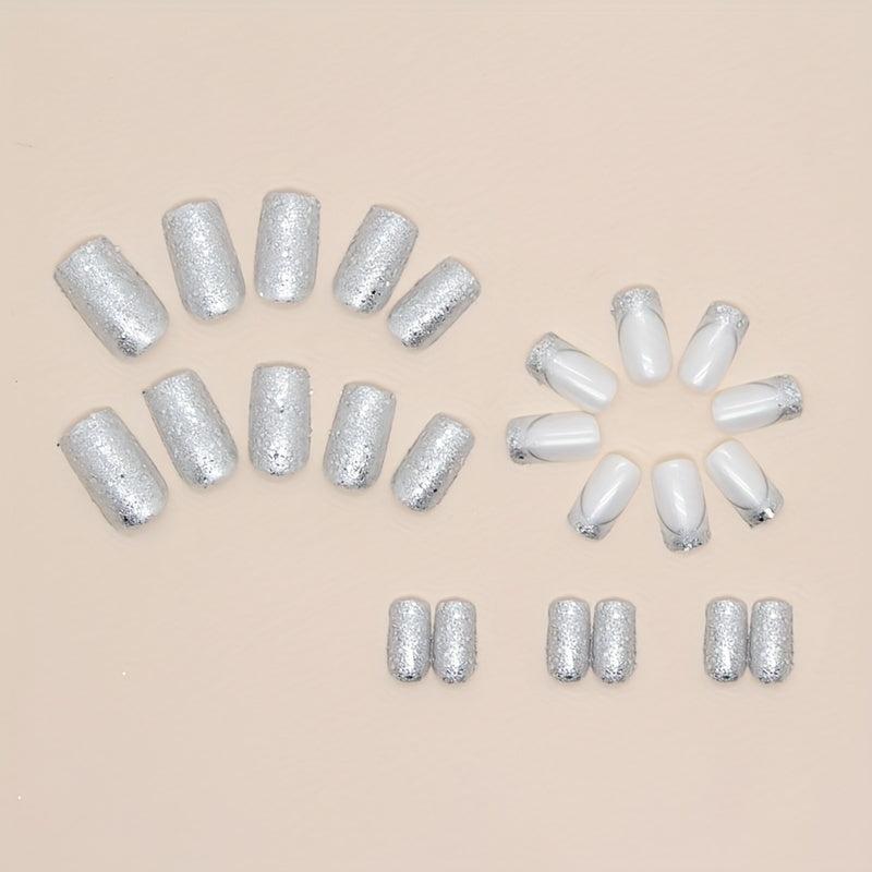 24pcs Silvery Sequin Press On Nails Full Cover Medium Square False Nails