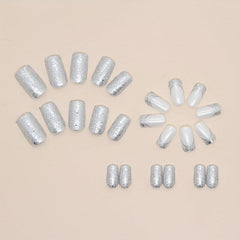 24pcs Silvery Sequin Press On Nails Full Cover Medium Square False Nails