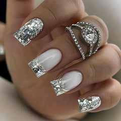 24pcs Silvery Sequin Press On Nails Full Cover Medium Square False Nails