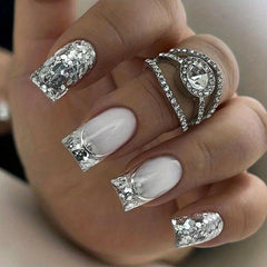 24pcs Silvery Sequin Press On Nails Full Cover Medium Square False Nails