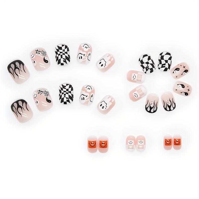 Short Funny Pattern Press On Nails for Halloween 24 Pcs