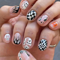 Short Funny Pattern Press On Nails for Halloween 24 Pcs