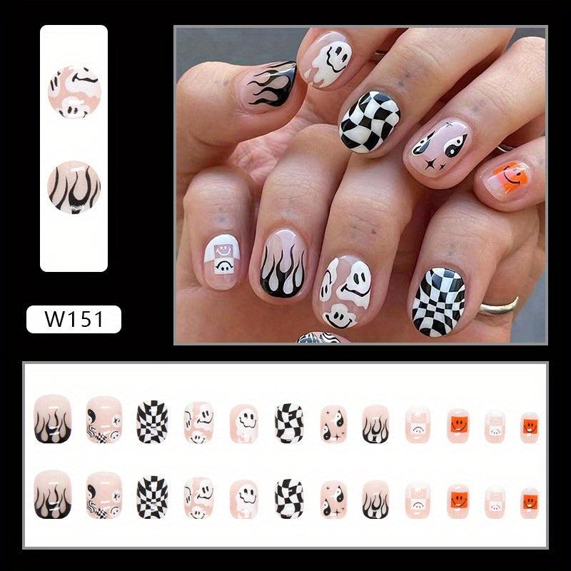 Short Funny Pattern Press On Nails for Halloween 24 Pcs