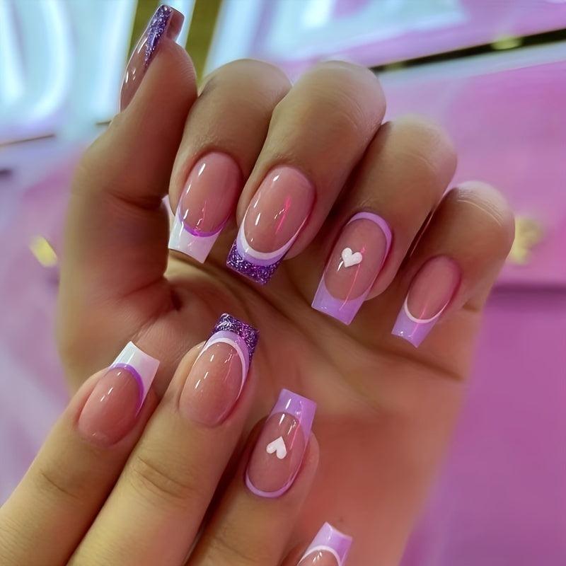 96 Pcs Glossy Square Press On Nails French Tips Set