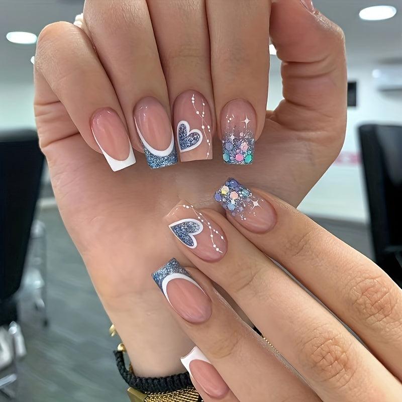 96 Pcs Glossy Square Press On Nails French Tips Set