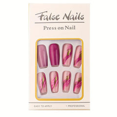 24pcs Glitter Pink Coffin Press On Nails with Line Designs