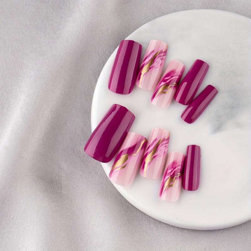 24pcs Glitter Pink Coffin Press On Nails with Line Designs
